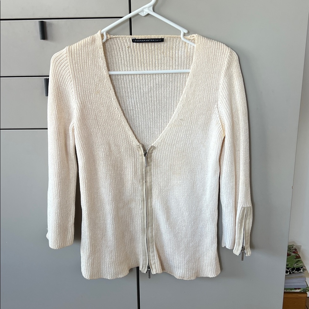 Lorena Antoniazzi white cream ribbed cardigan with zipper sleeve detail fit M